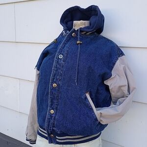 Vintage Blue Jean Varsity Bomber Jacket With Hood